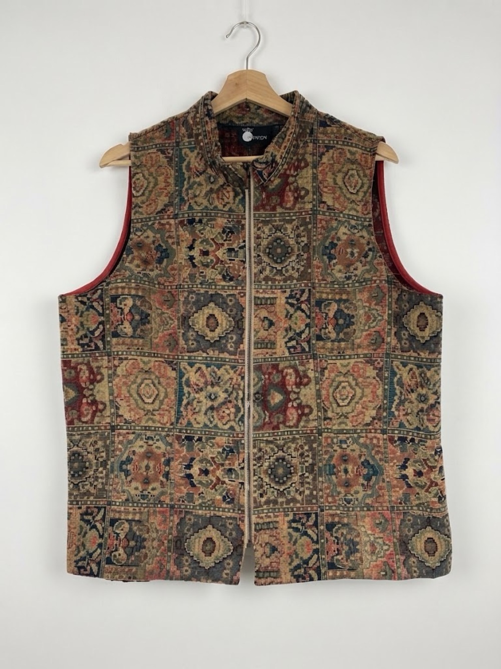 Vintage First Option Tapestry Patchwork Full Zip Vest Size Large Rug Motif